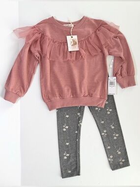 NWT Jessica Simpson Set - Mauve Pink Ruffle Sweatshirt & Floral Gray Leggings